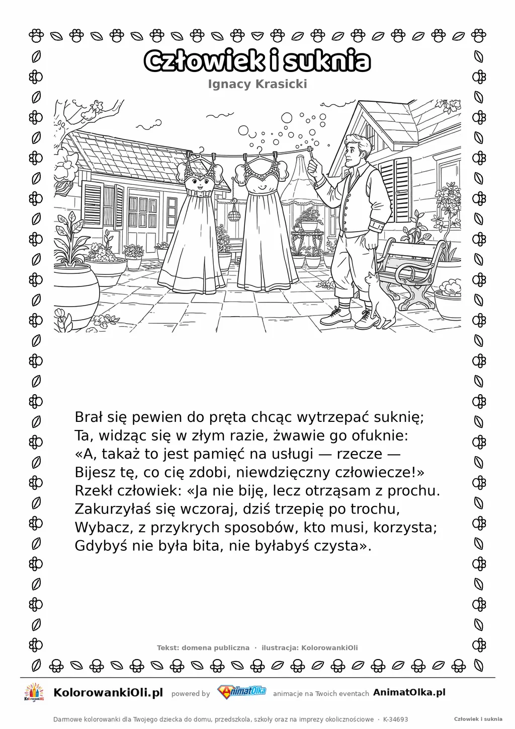 Człowiek i suknia (Ignacy Krasicki) — tekst wiersza i ilustracja do kolorowania, karta A4 do druku