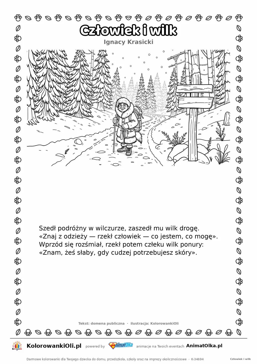 Człowiek i wilk (Ignacy Krasicki) — tekst wiersza i ilustracja do kolorowania, karta A4 do druku