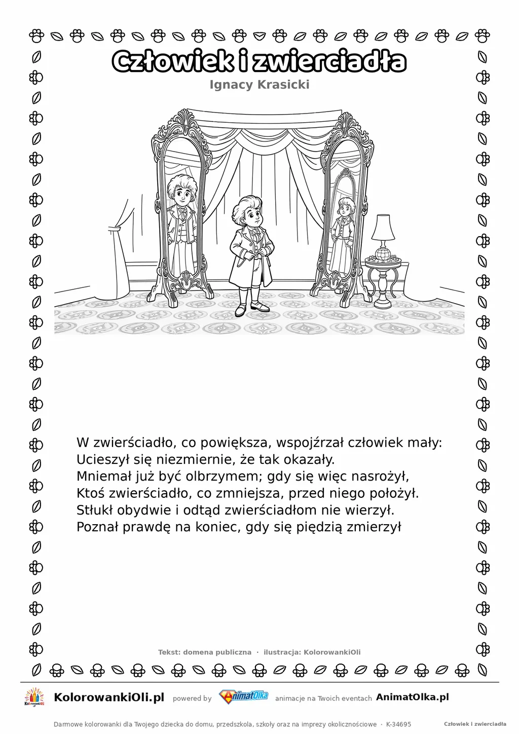Człowiek i zwierciadła (Ignacy Krasicki) — tekst wiersza i ilustracja do kolorowania, karta A4 do druku