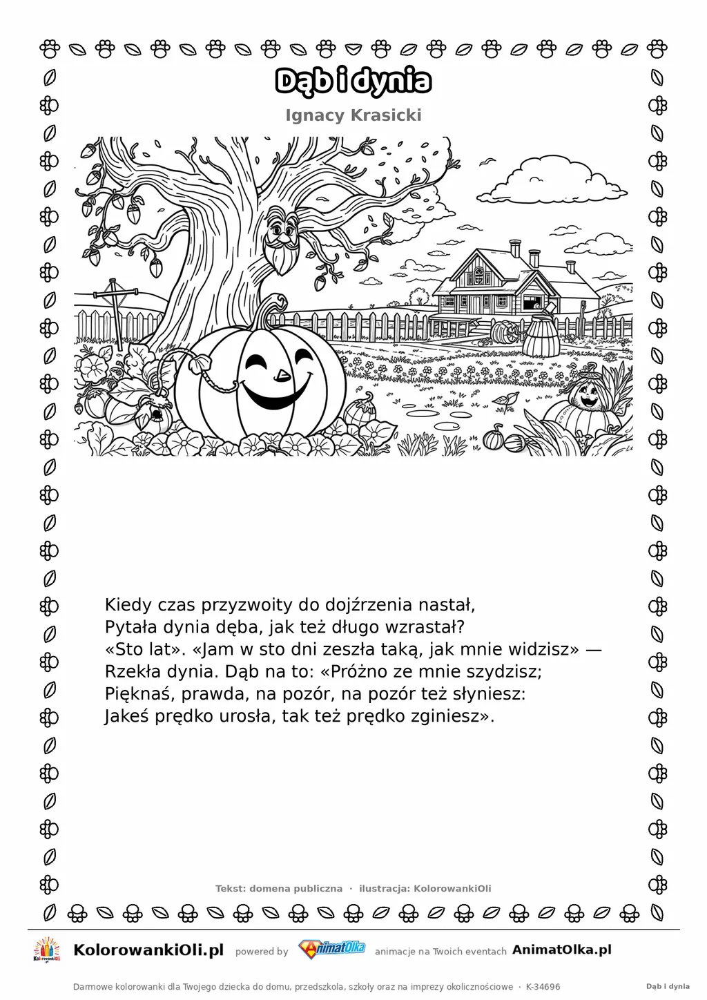 Dąb i dynia (Ignacy Krasicki) — tekst wiersza i ilustracja do kolorowania, karta A4 do druku