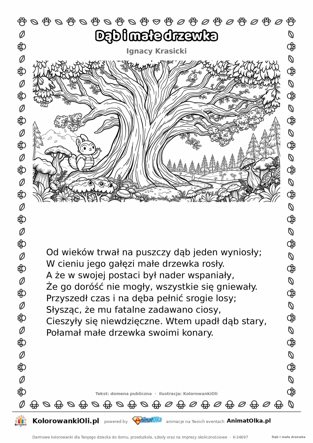 Dąb i małe drzewka (Ignacy Krasicki) — tekst wiersza i ilustracja do kolorowania, karta A4 do druku