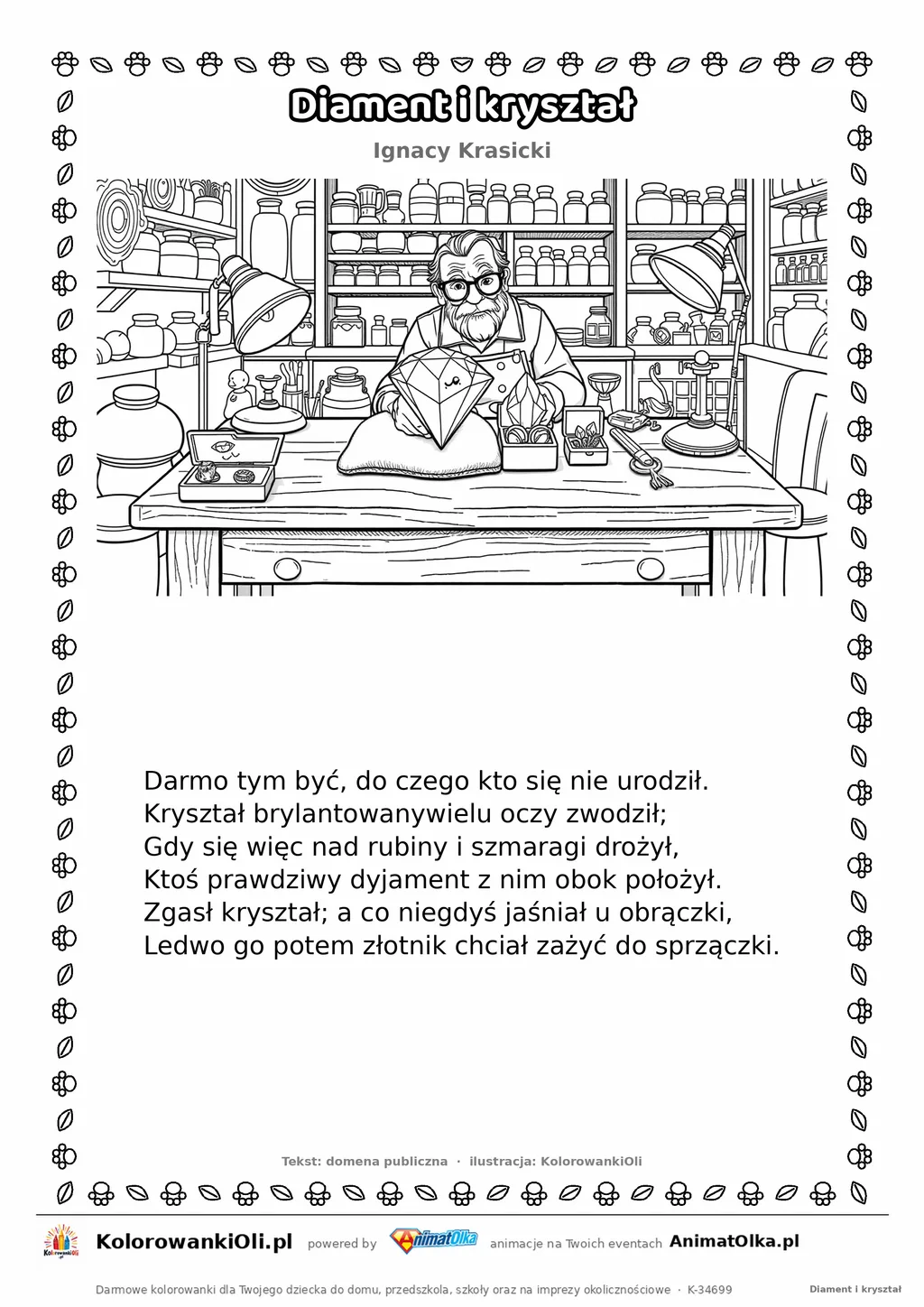 Diament i kryształ (Ignacy Krasicki) — tekst wiersza i ilustracja do kolorowania, karta A4 do druku