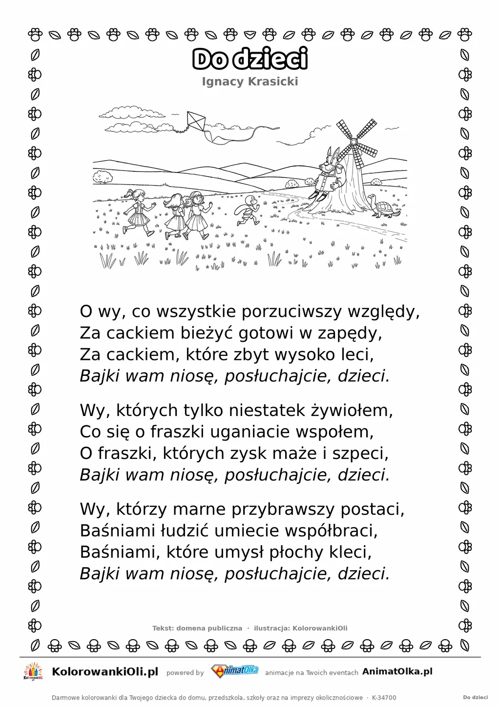 Do dzieci (Ignacy Krasicki) — tekst wiersza i ilustracja do kolorowania, karta A4 do druku