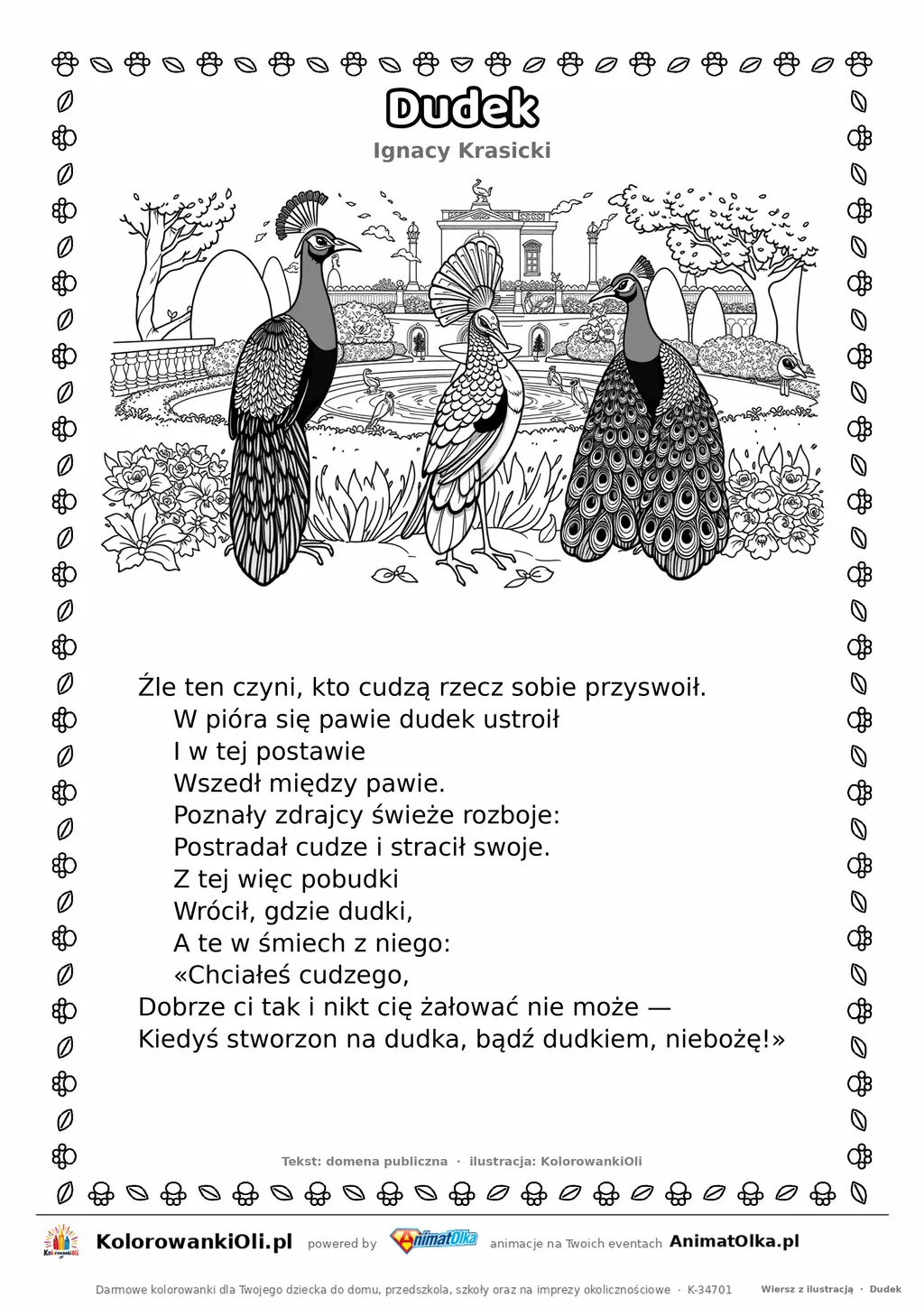 Dudek (Ignacy Krasicki) — tekst wiersza i ilustracja do kolorowania, karta A4 do druku