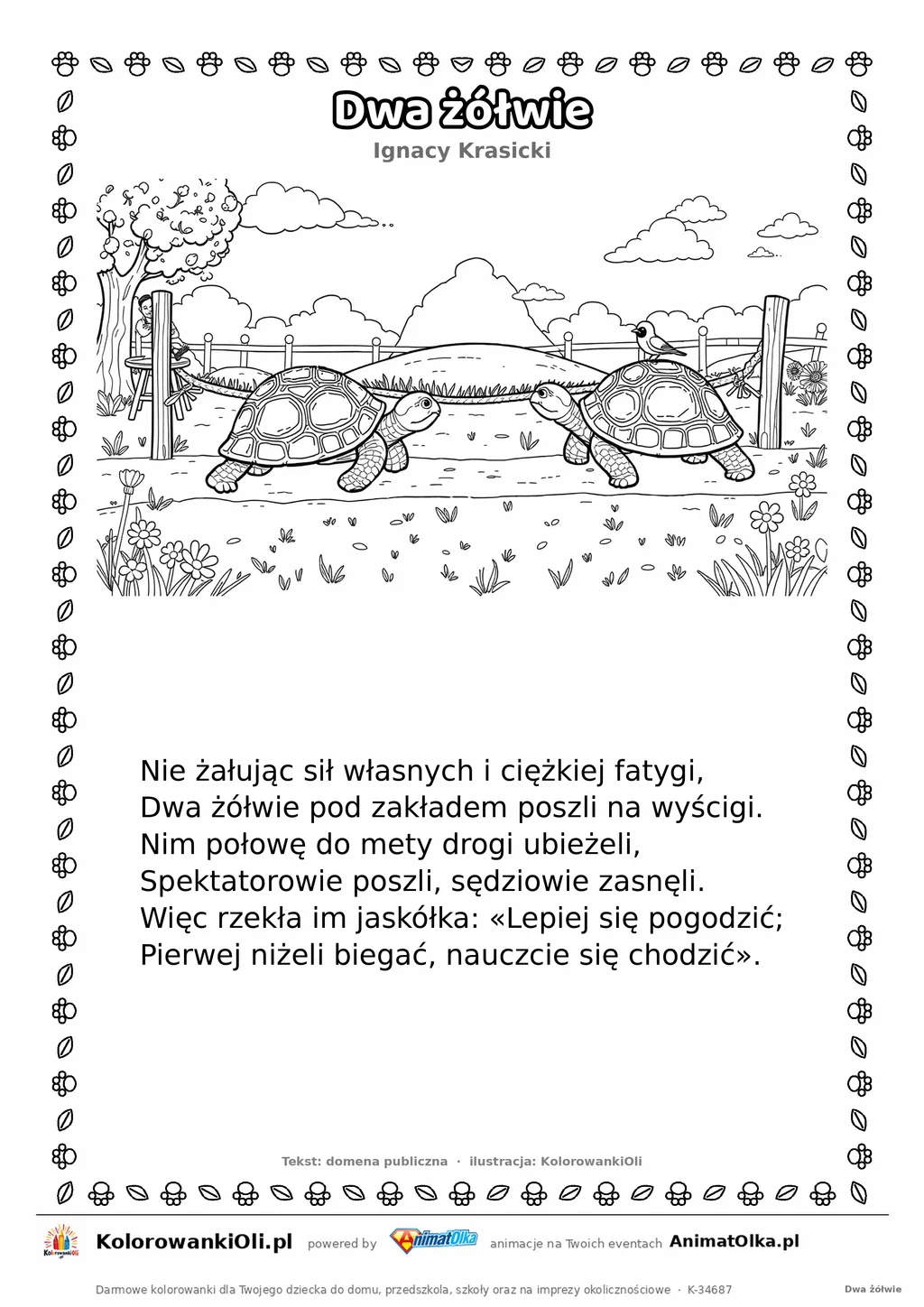 Dwa żółwie (Ignacy Krasicki) — tekst wiersza i ilustracja do kolorowania, karta A4 do druku
