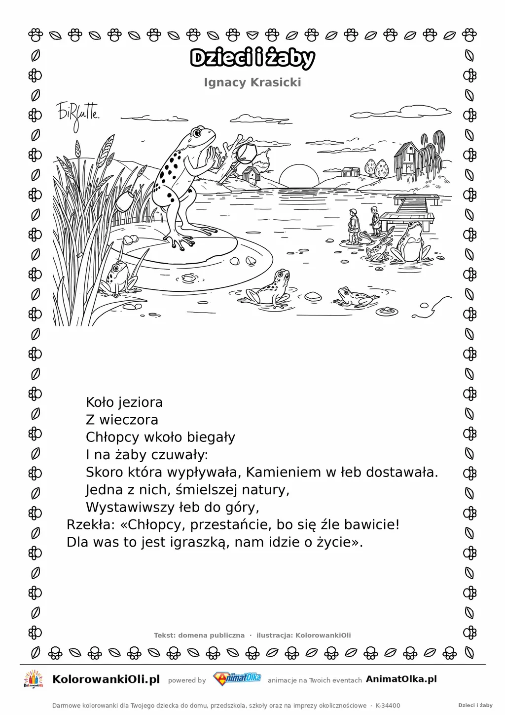 Dzieci i żaby (Ignacy Krasicki) — tekst wiersza i ilustracja do kolorowania, karta A4 do druku