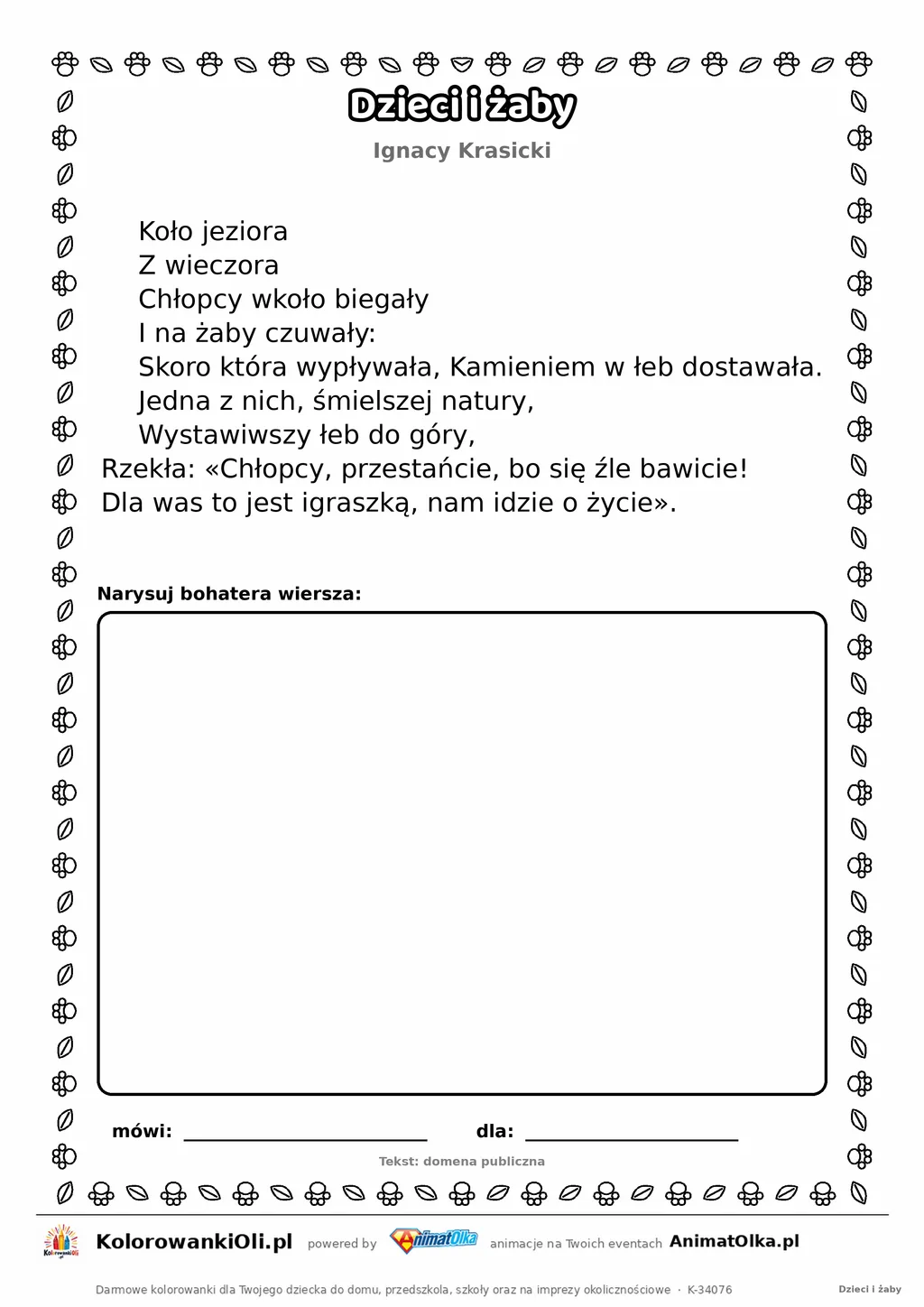Dzieci i żaby (Ignacy Krasicki) — tekst wiersza do druku A4 z ramką do pokolorowania