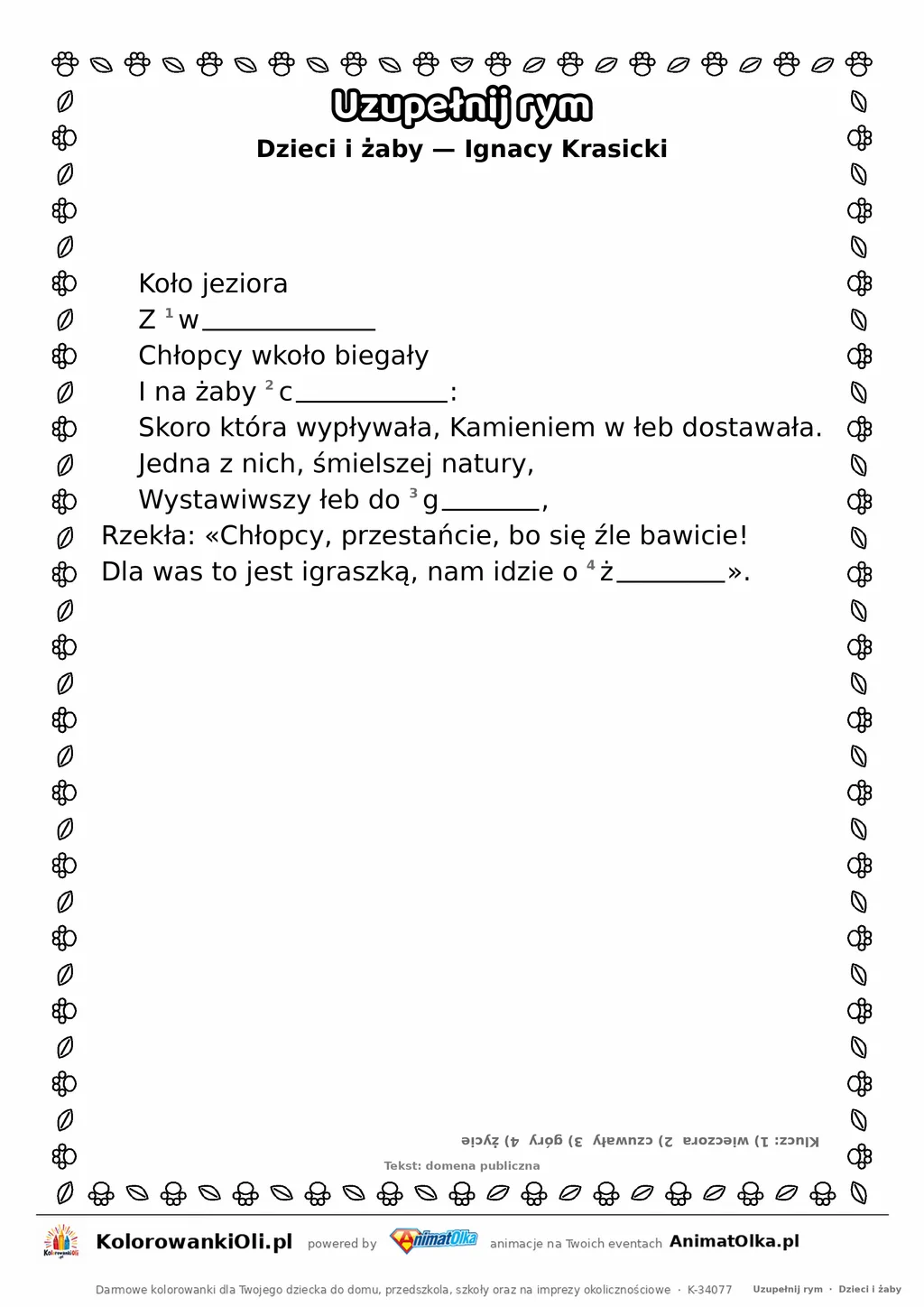 Uzupełnij rym — Dzieci i żaby (Ignacy Krasicki): karta pracy z lukami w rymach, A4