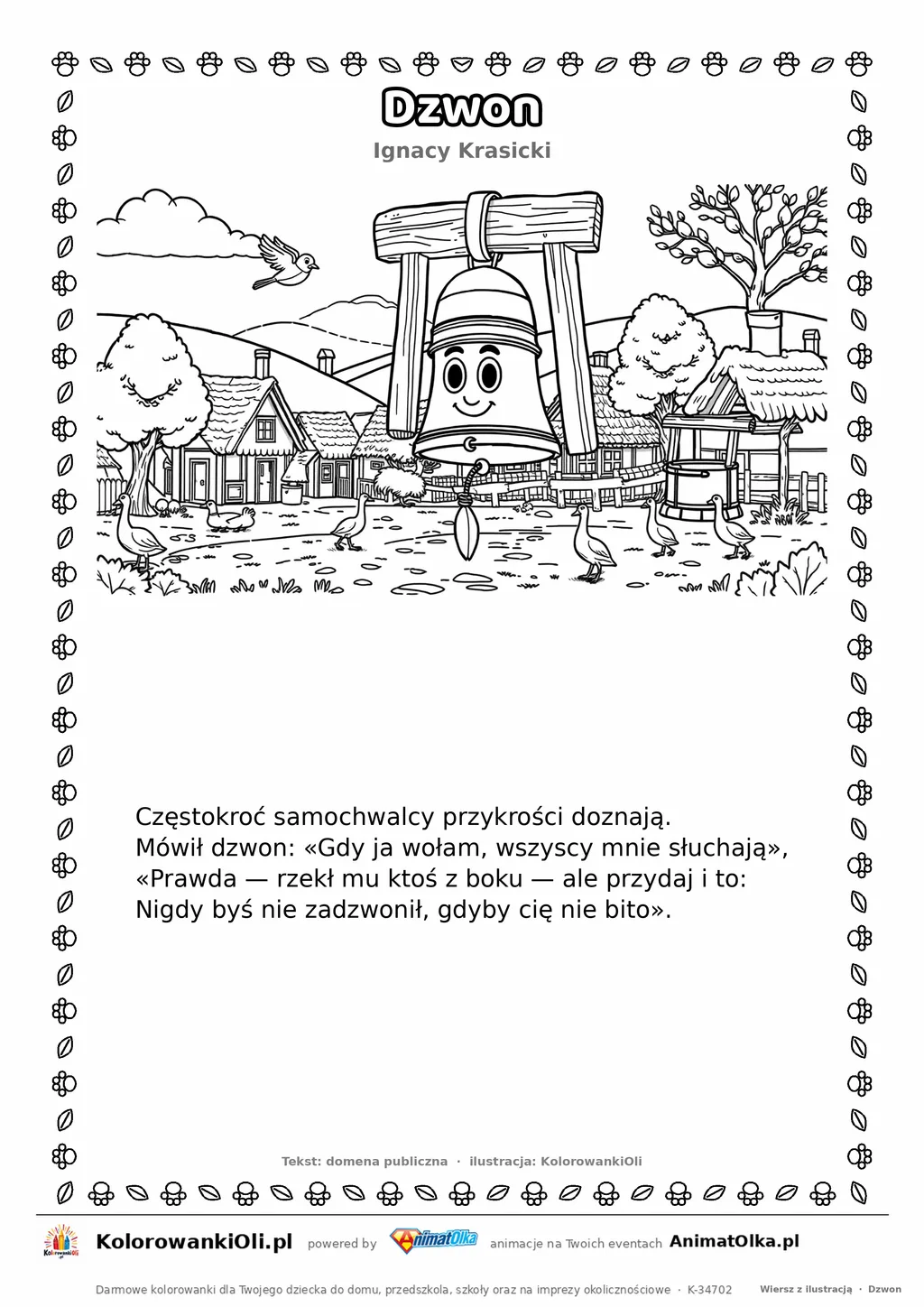 Dzwon (Ignacy Krasicki) — tekst wiersza i ilustracja do kolorowania, karta A4 do druku