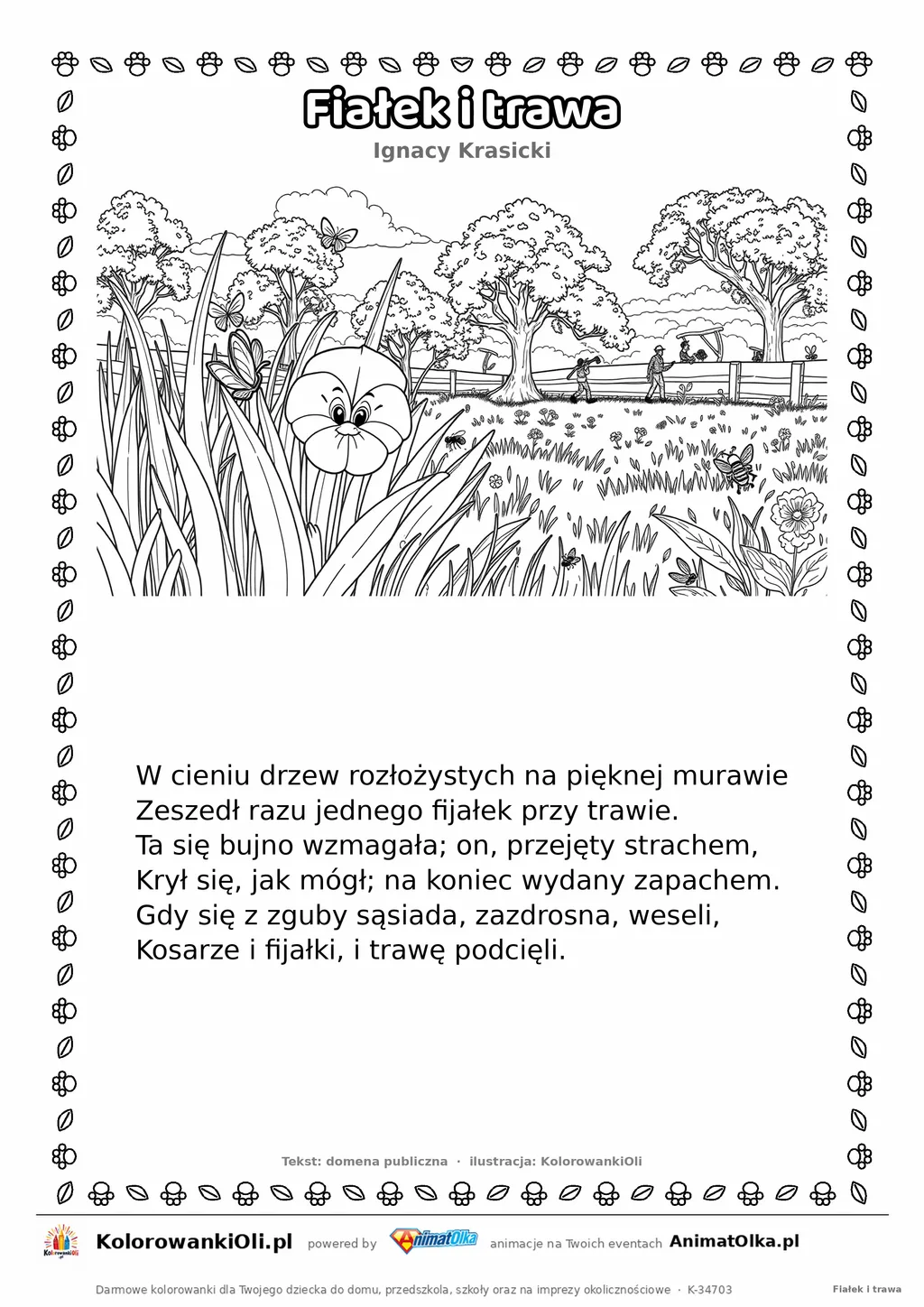Fiałek i trawa (Ignacy Krasicki) — tekst wiersza i ilustracja do kolorowania, karta A4 do druku