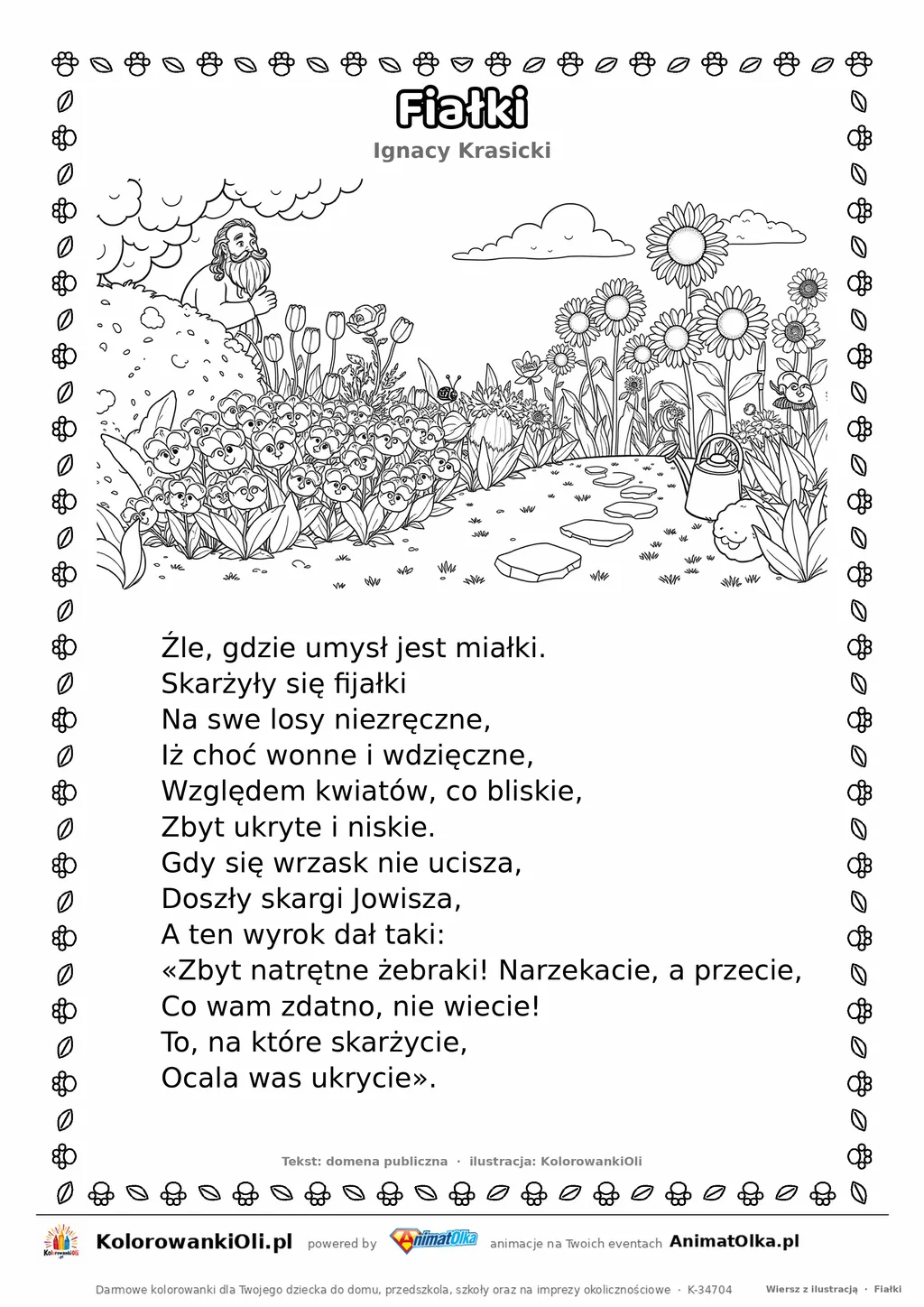 Fiałki (Ignacy Krasicki) — tekst wiersza i ilustracja do kolorowania, karta A4 do druku