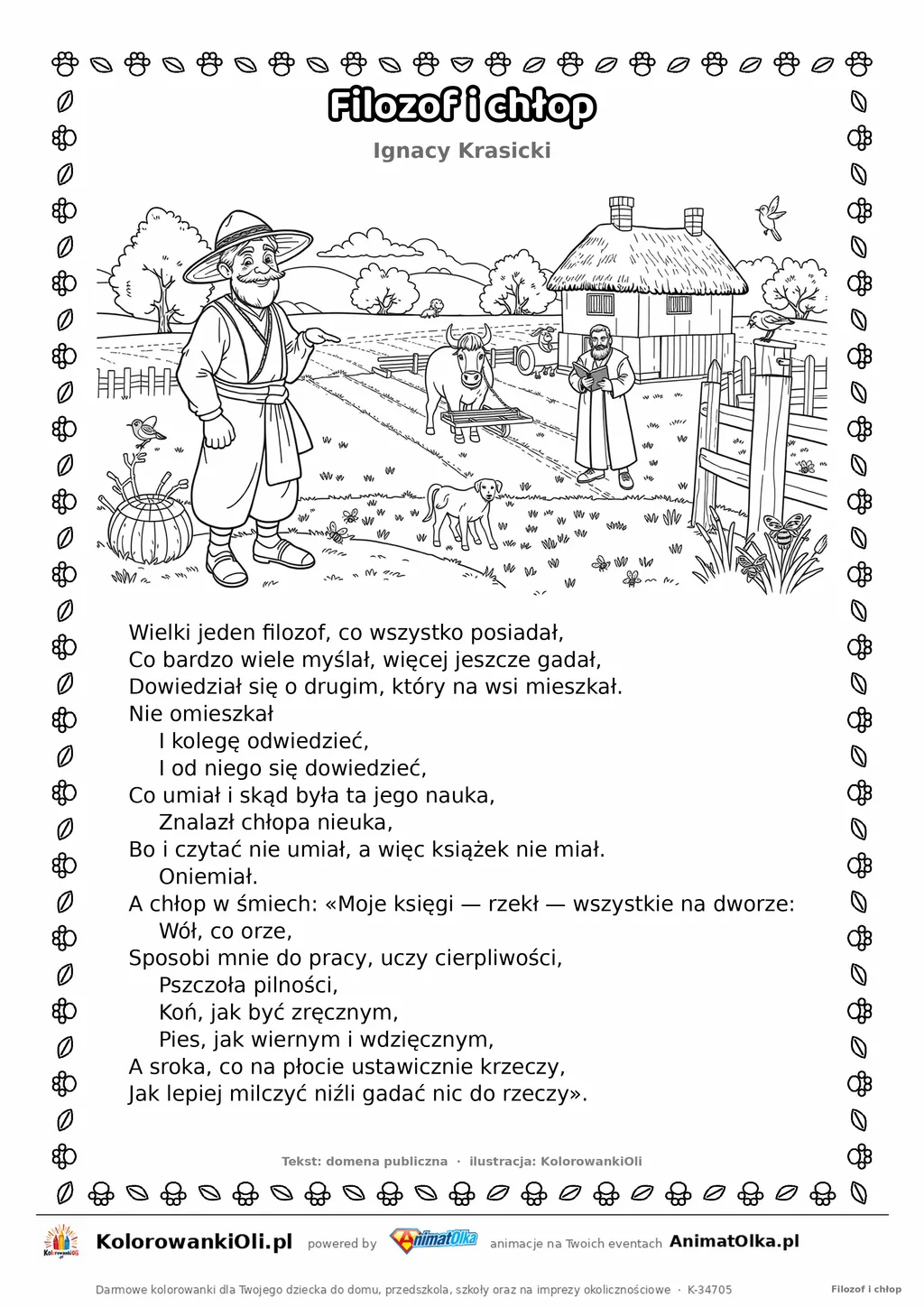 Filozof i chłop (Ignacy Krasicki) — tekst wiersza i ilustracja do kolorowania, karta A4 do druku