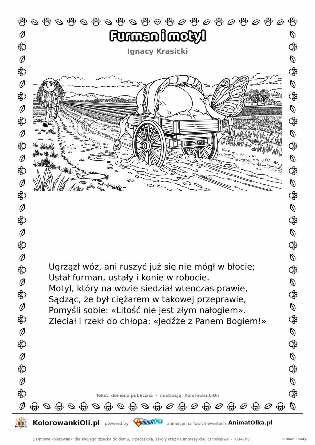 Furman i motyl (Ignacy Krasicki) — tekst wiersza i ilustracja do kolorowania, karta A4 do druku