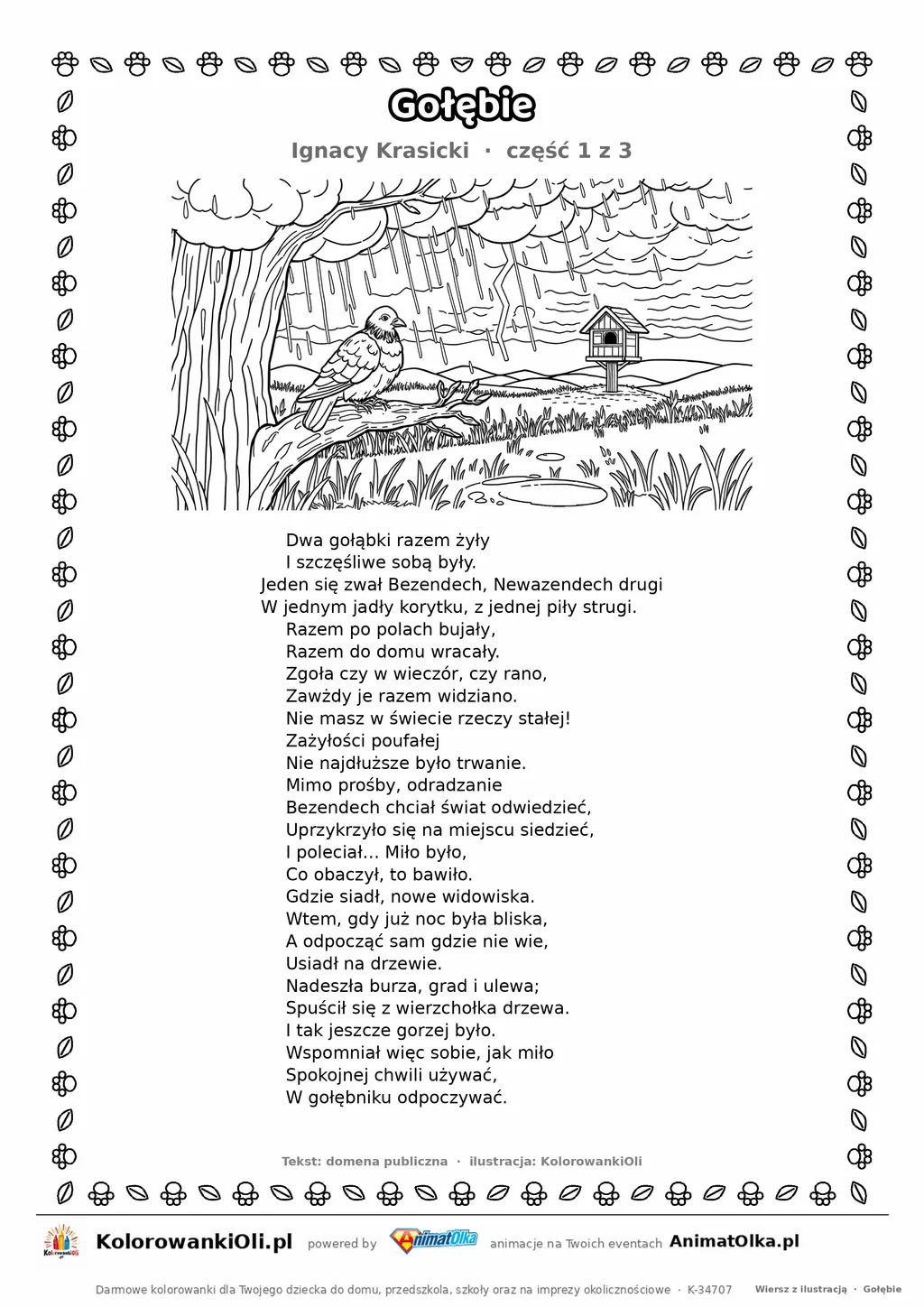 Gołębie (Ignacy Krasicki) — tekst wiersza i ilustracja do kolorowania (część 1 z 3), karta A4 do druku