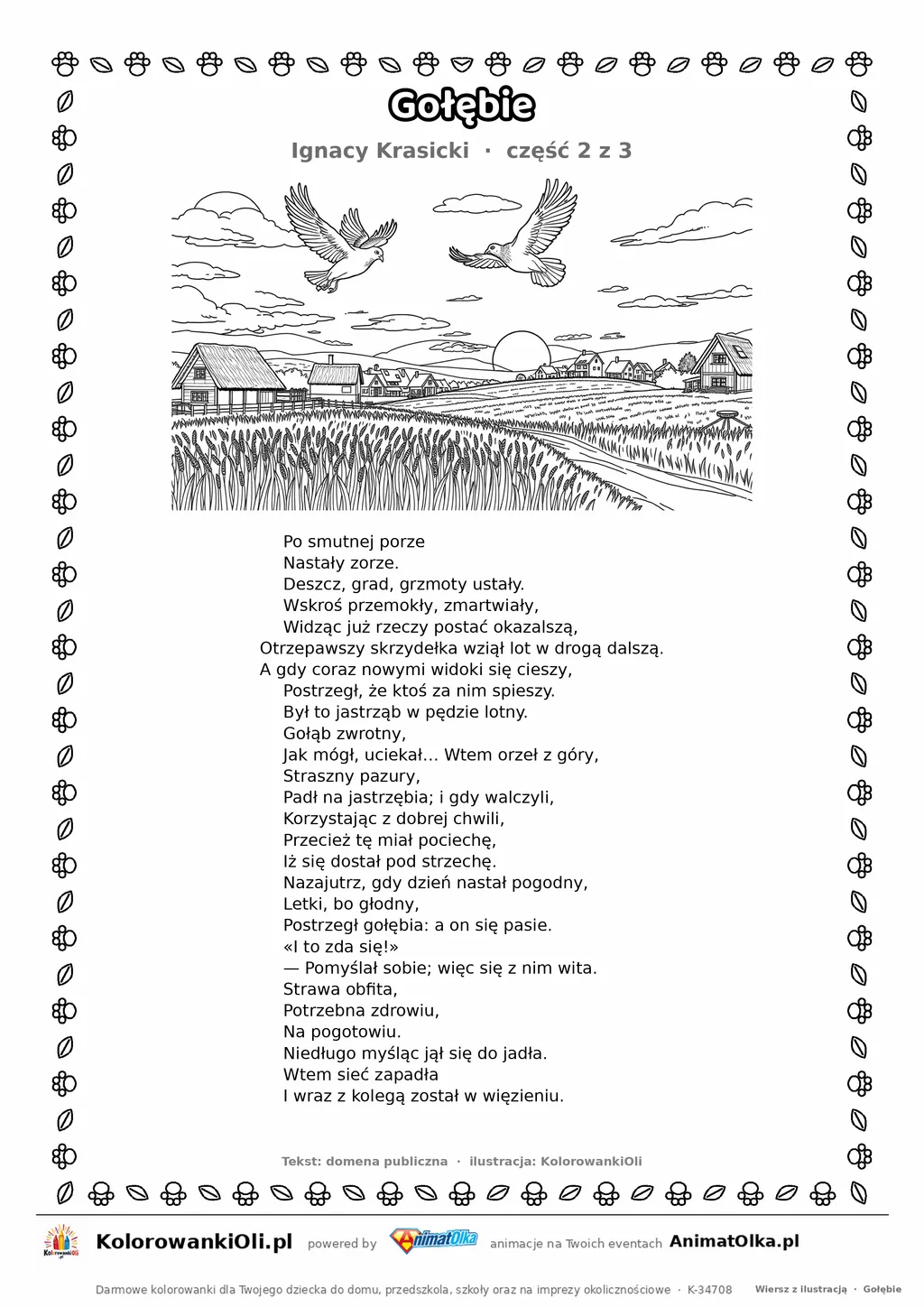 Gołębie (Ignacy Krasicki) — tekst wiersza i ilustracja do kolorowania (część 2 z 3), karta A4 do druku