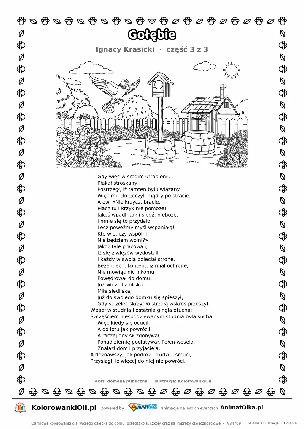 Gołębie (Ignacy Krasicki) — tekst wiersza i ilustracja do kolorowania (część 3 z 3), karta A4 do druku