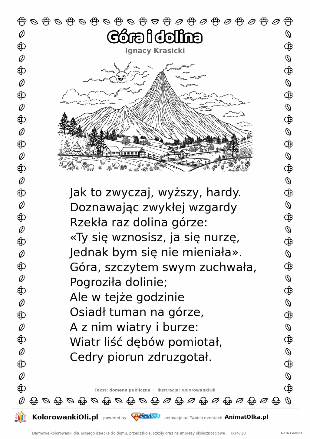Góra i dolina (Ignacy Krasicki) — tekst wiersza i ilustracja do kolorowania, karta A4 do druku