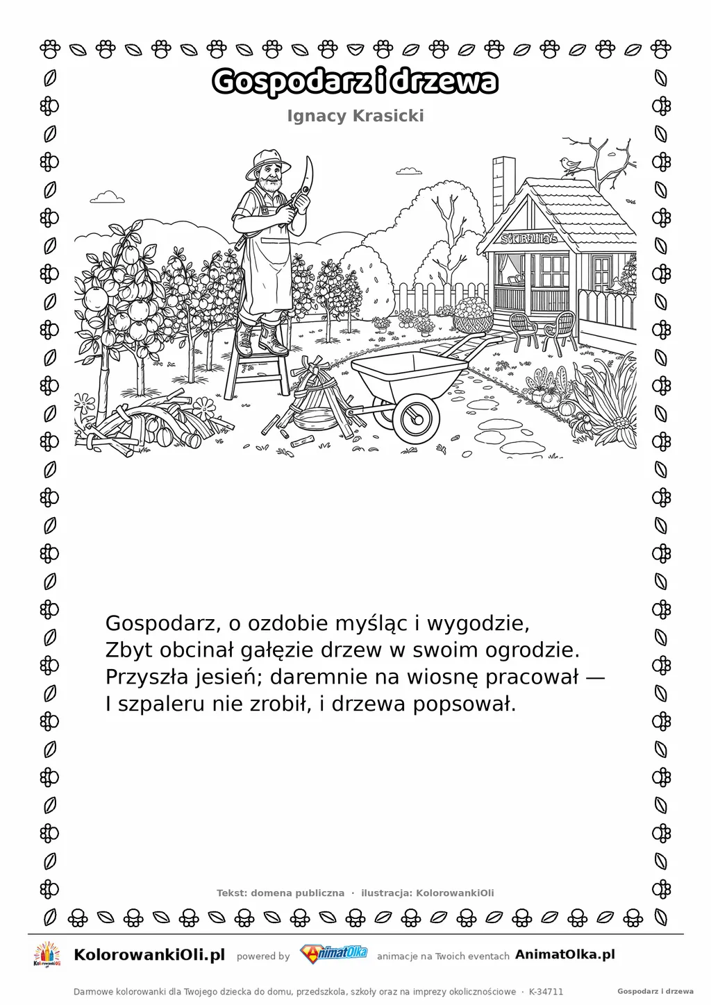 Gospodarz i drzewa (Ignacy Krasicki) — tekst wiersza i ilustracja do kolorowania, karta A4 do druku