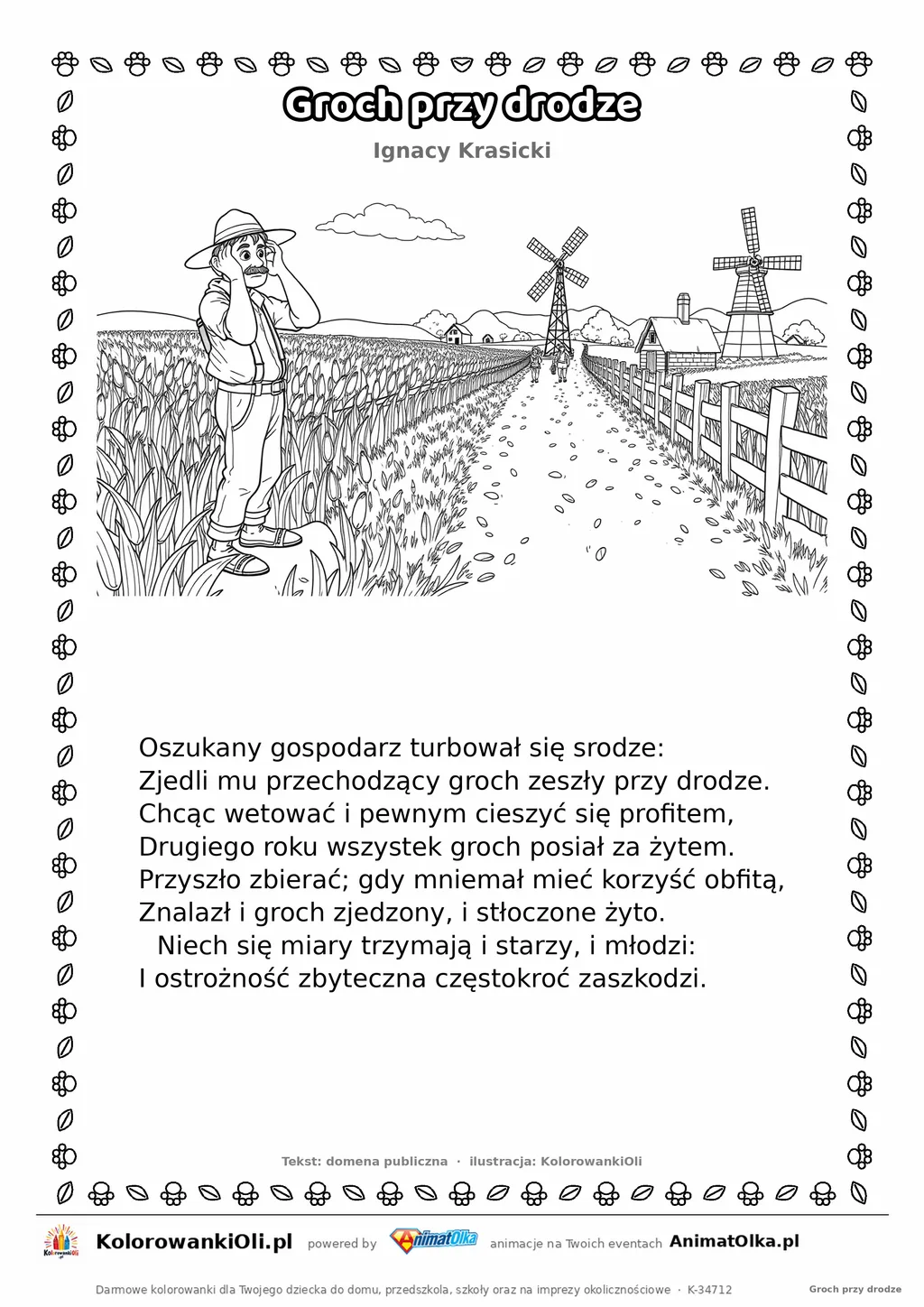 Groch przy drodze (Ignacy Krasicki) — tekst wiersza i ilustracja do kolorowania, karta A4 do druku