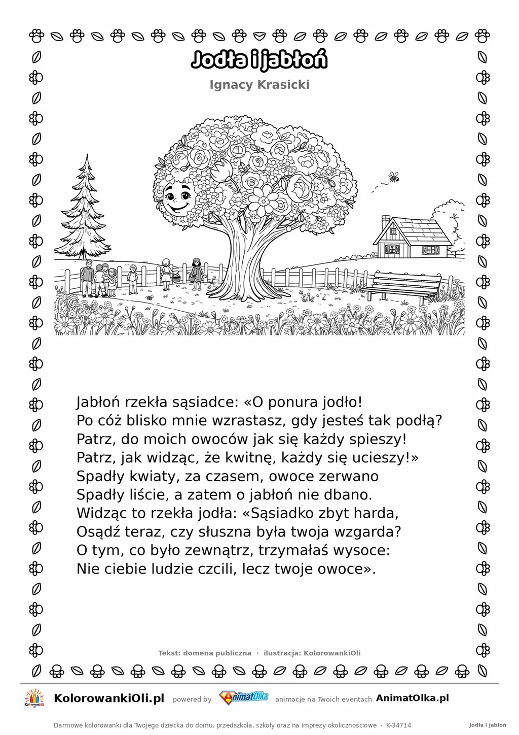 Jodła i jabłoń (Ignacy Krasicki) — tekst wiersza i ilustracja do kolorowania, karta A4 do druku