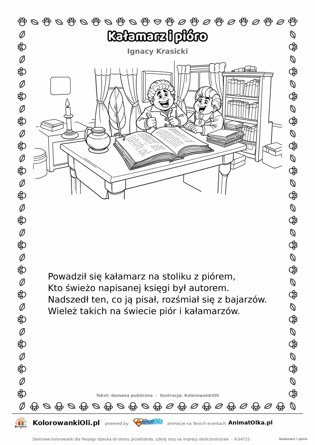 Kałamarz i pióro (Ignacy Krasicki) — tekst wiersza i ilustracja do kolorowania, karta A4 do druku