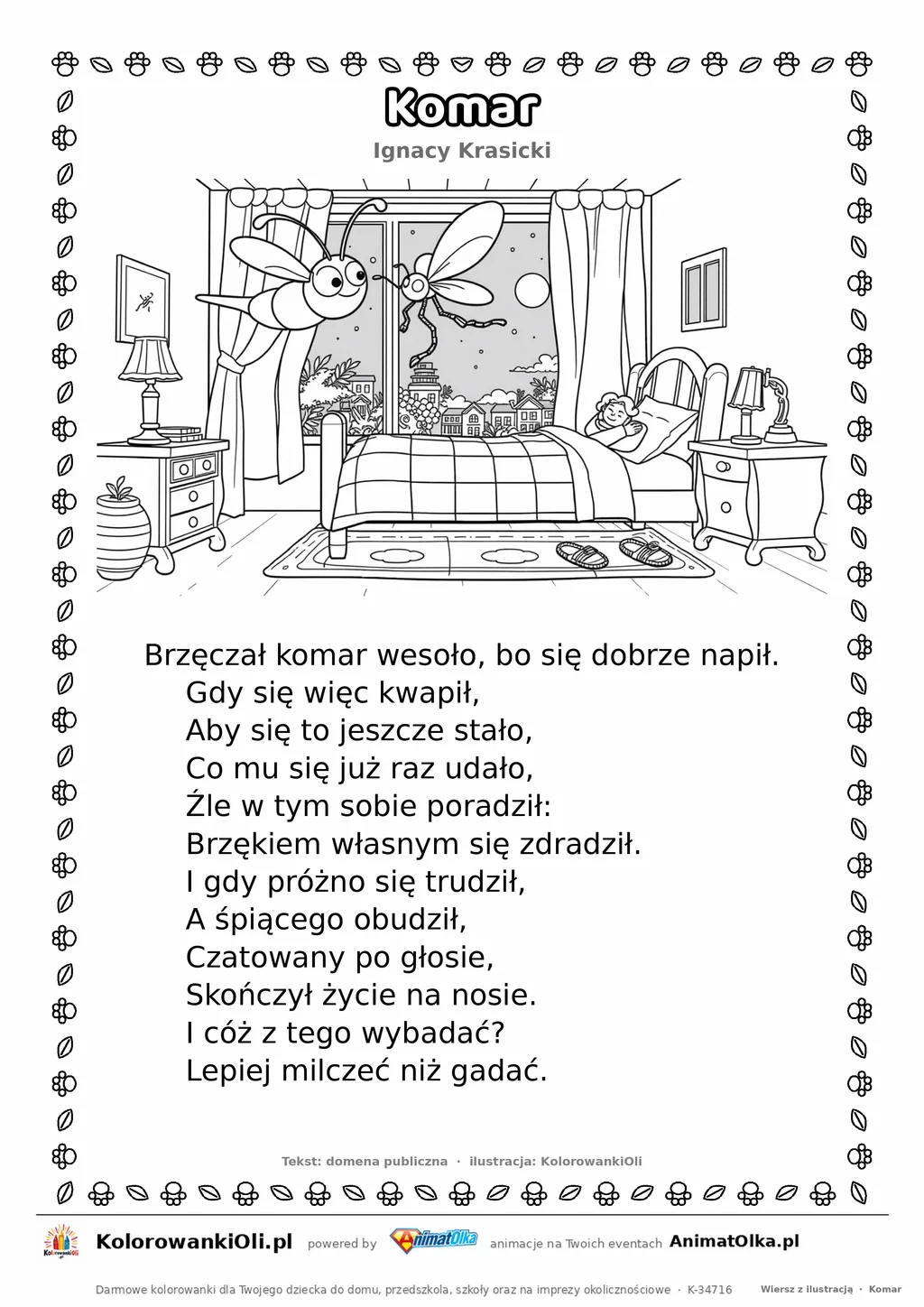 Komar (Ignacy Krasicki) — tekst wiersza i ilustracja do kolorowania, karta A4 do druku