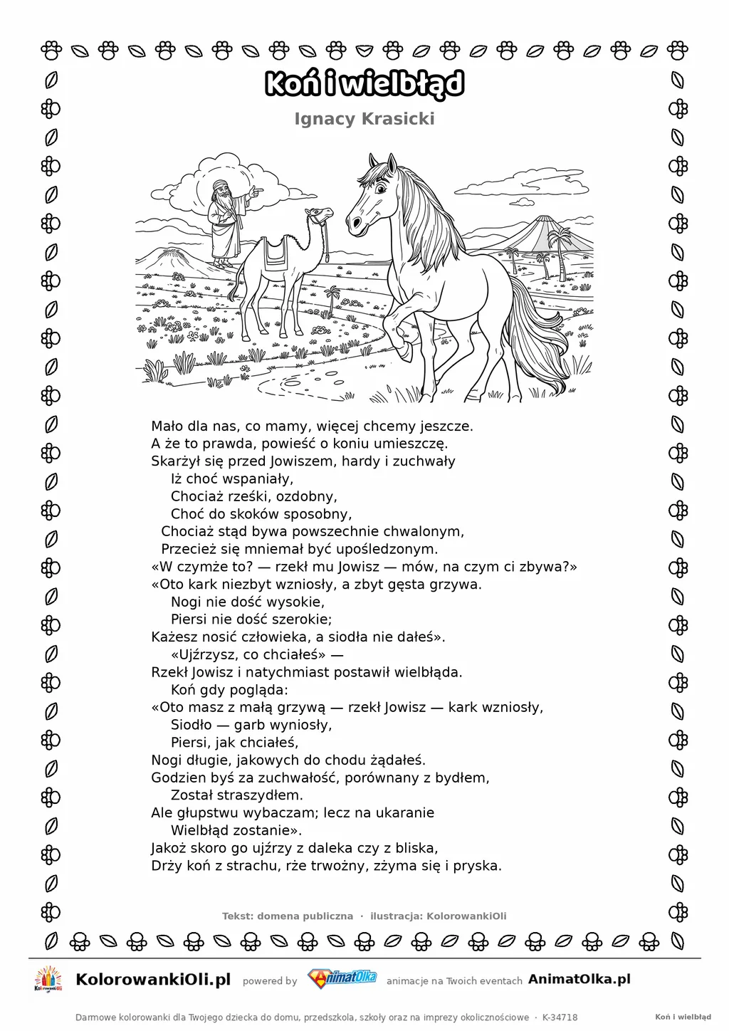 Koń i wielbłąd (Ignacy Krasicki) — tekst wiersza i ilustracja do kolorowania, karta A4 do druku