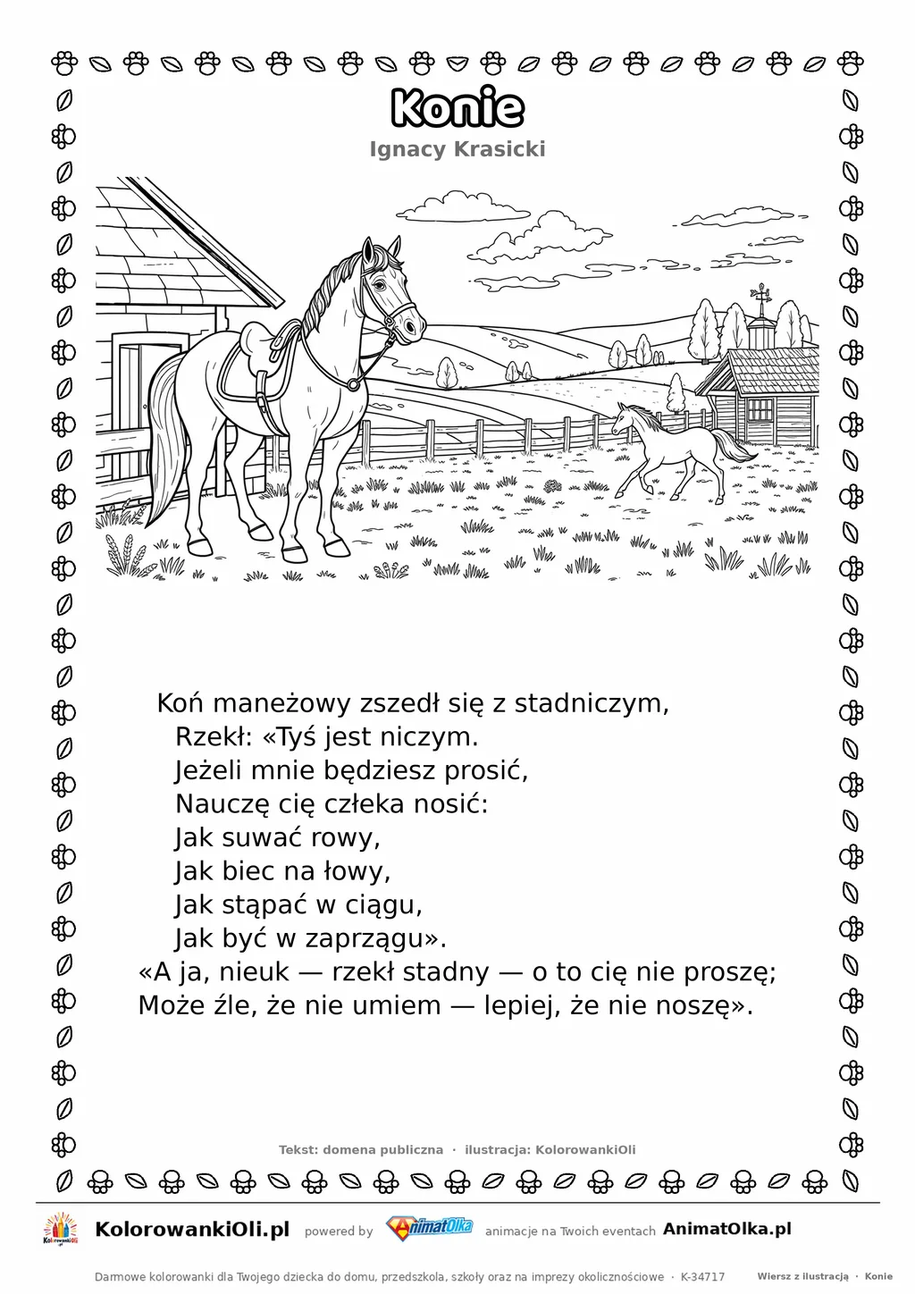 Konie (Ignacy Krasicki) — tekst wiersza i ilustracja do kolorowania, karta A4 do druku