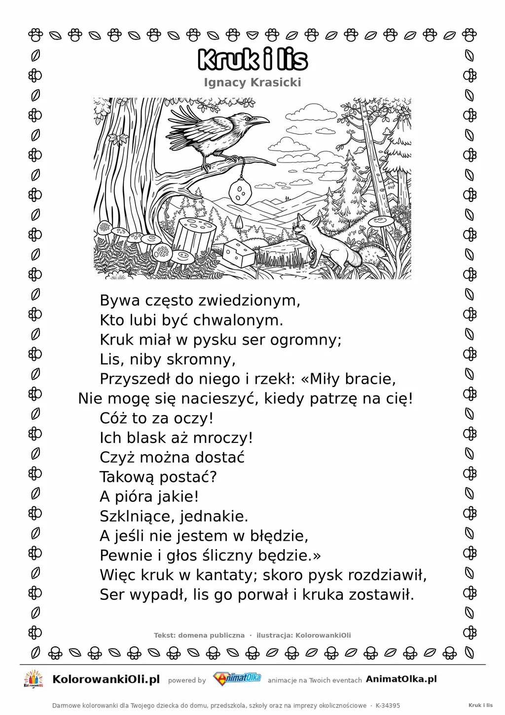 Kruk i lis (Ignacy Krasicki) — tekst wiersza i ilustracja do kolorowania, karta A4 do druku
