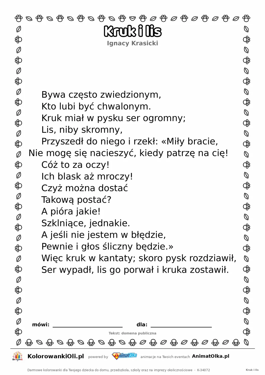 Kruk i lis (Ignacy Krasicki) — tekst wiersza do druku A4 z ramką do pokolorowania