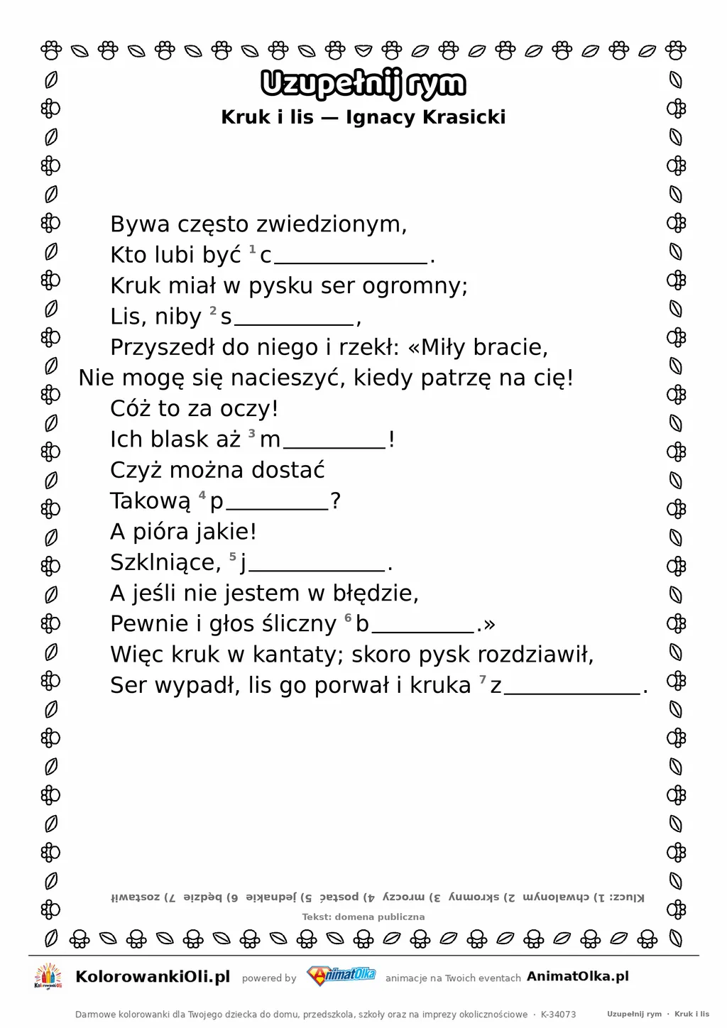 Uzupełnij rym — Kruk i lis (Ignacy Krasicki): karta pracy z lukami w rymach, A4