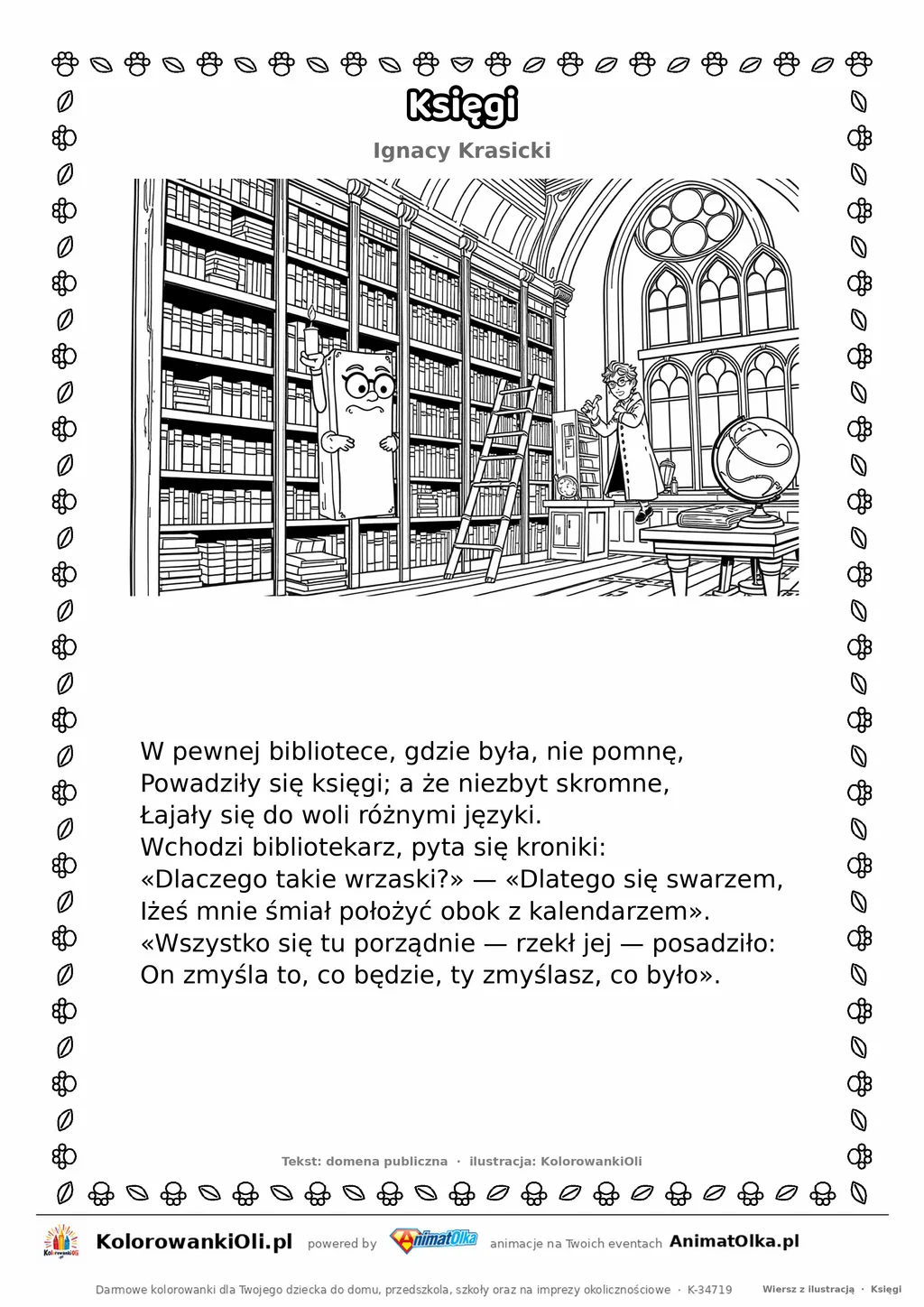 Księgi (Ignacy Krasicki) — tekst wiersza i ilustracja do kolorowania, karta A4 do druku