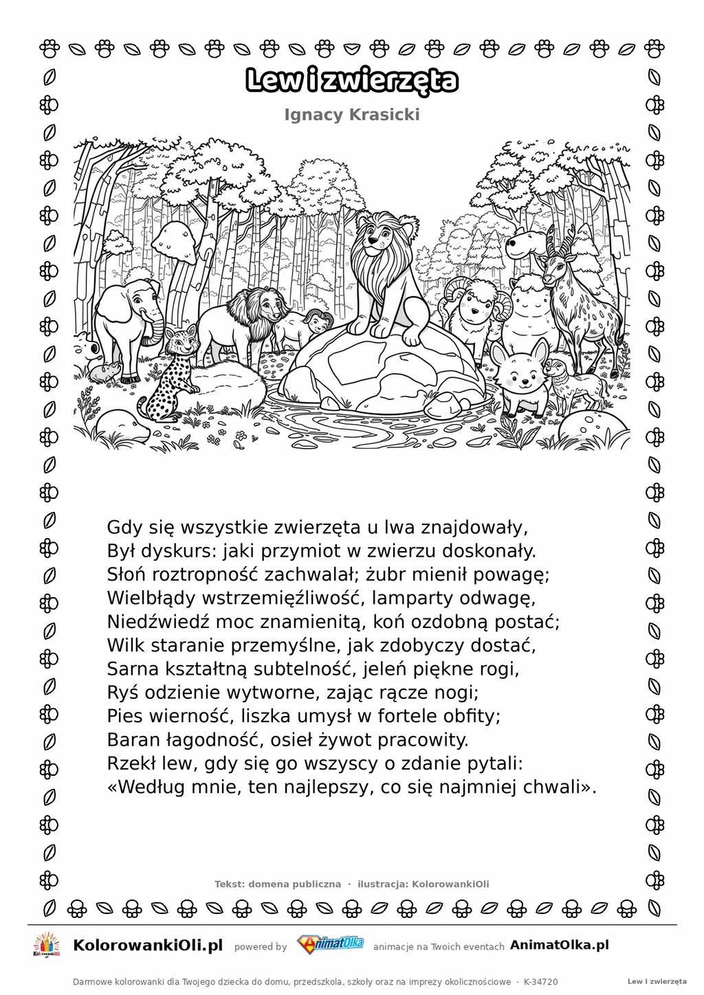 Lew i zwierzęta (Ignacy Krasicki) — tekst wiersza i ilustracja do kolorowania, karta A4 do druku