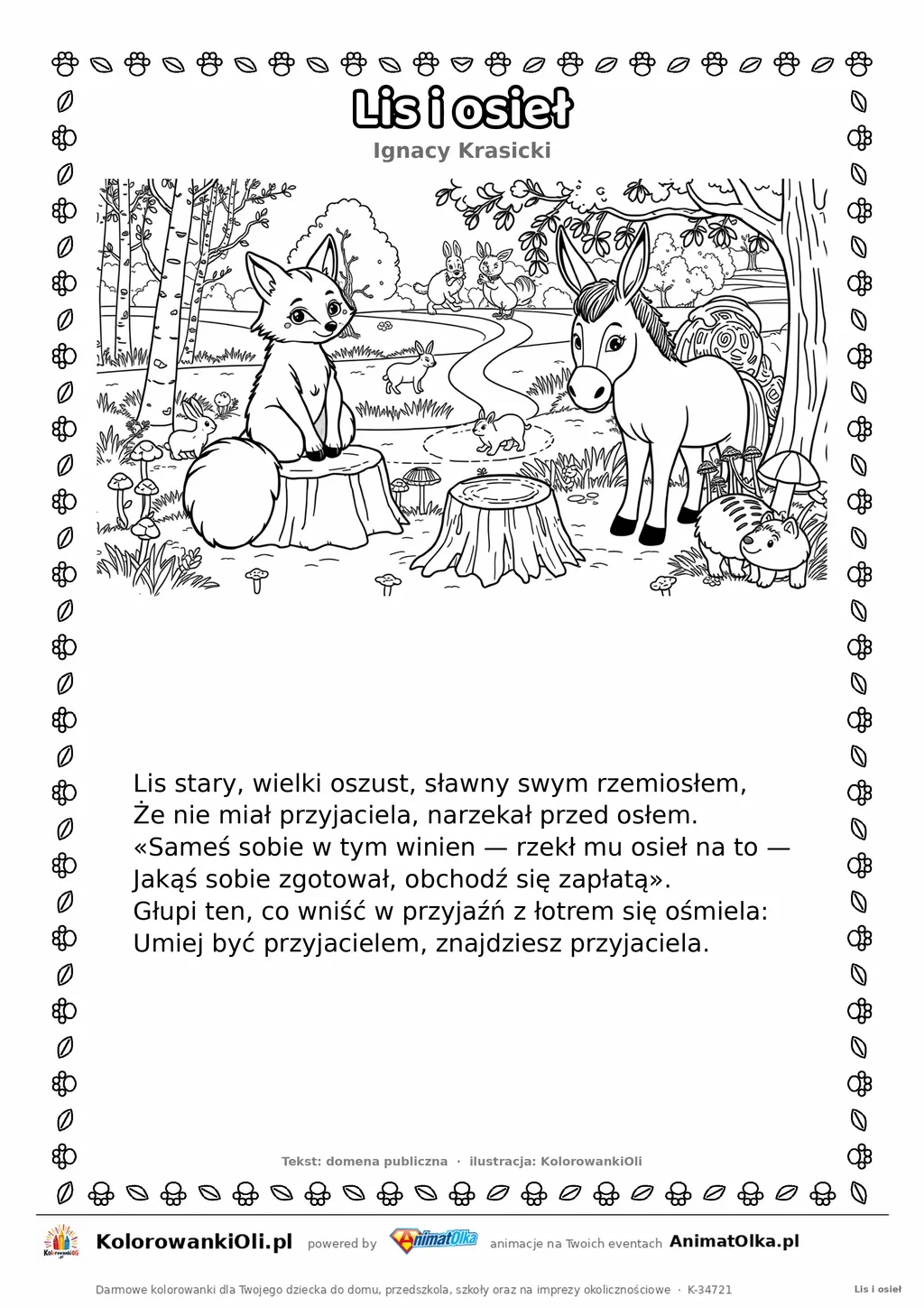 Lis i osieł (Ignacy Krasicki) — tekst wiersza i ilustracja do kolorowania, karta A4 do druku