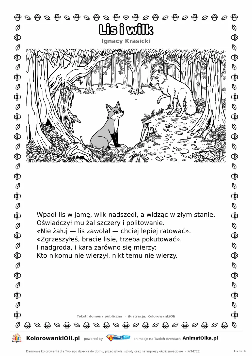 Lis i wilk (Ignacy Krasicki) — tekst wiersza i ilustracja do kolorowania, karta A4 do druku