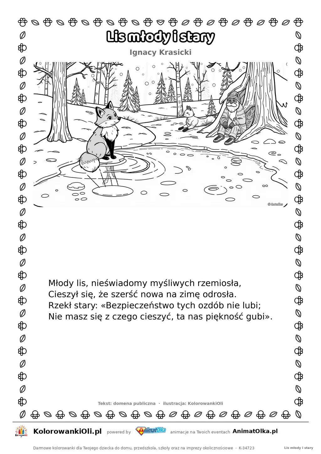Lis młody i stary (Ignacy Krasicki) — tekst wiersza i ilustracja do kolorowania, karta A4 do druku