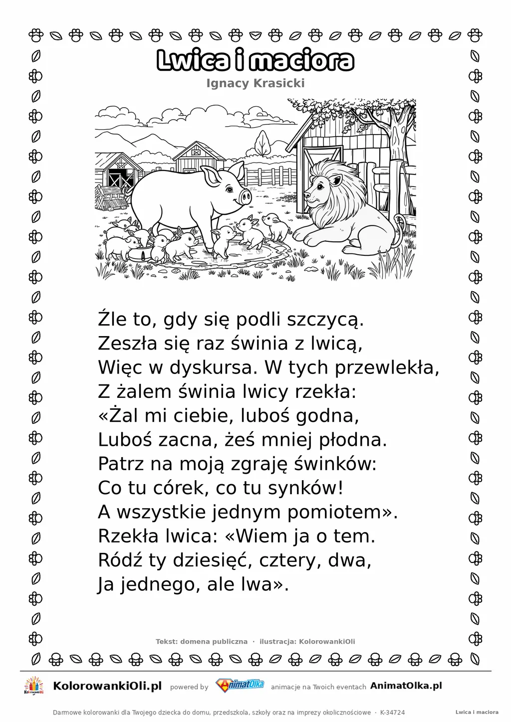 Lwica i maciora (Ignacy Krasicki) — tekst wiersza i ilustracja do kolorowania, karta A4 do druku