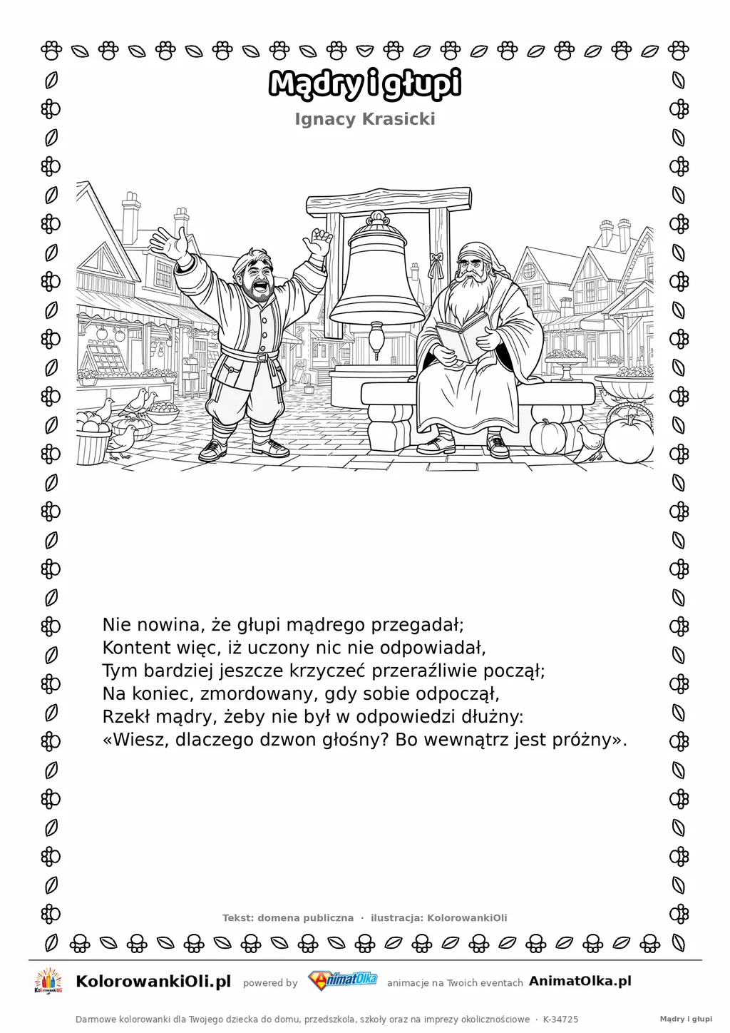 Mądry i głupi (Ignacy Krasicki) — tekst wiersza i ilustracja do kolorowania, karta A4 do druku