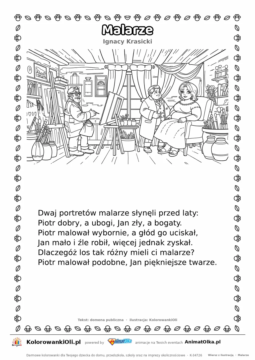Malarze (Ignacy Krasicki) — tekst wiersza i ilustracja do kolorowania, karta A4 do druku