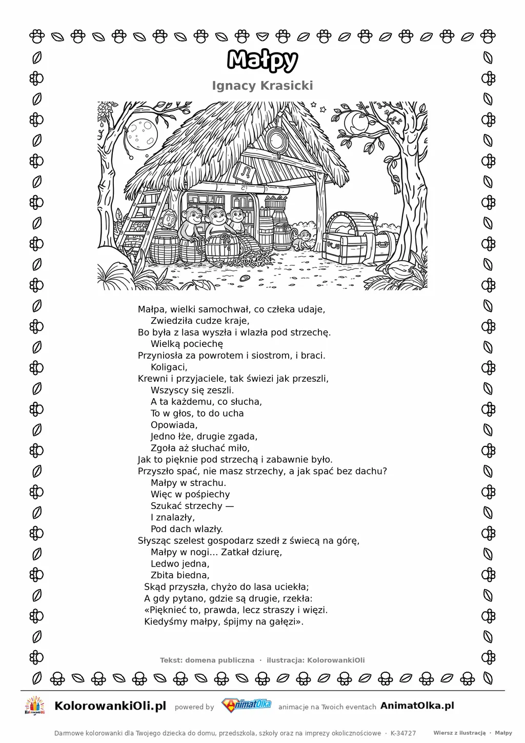 Małpy (Ignacy Krasicki) — tekst wiersza i ilustracja do kolorowania, karta A4 do druku