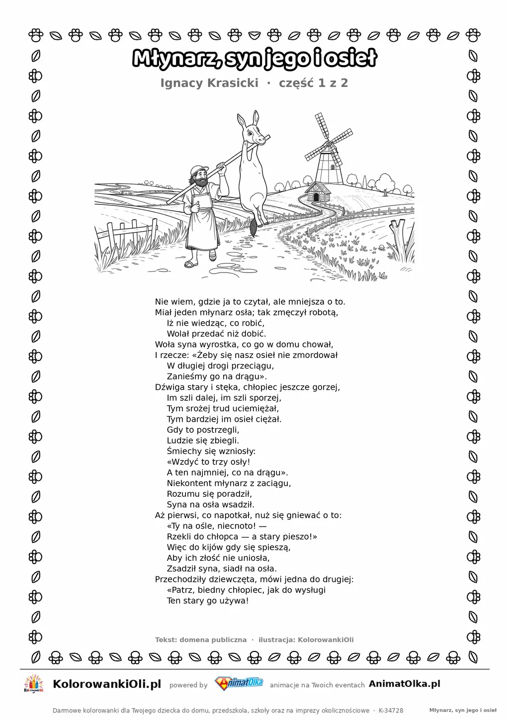Młynarz, syn jego i osieł (Ignacy Krasicki) — tekst wiersza i ilustracja do kolorowania (część 1 z 2), karta A4 do druku