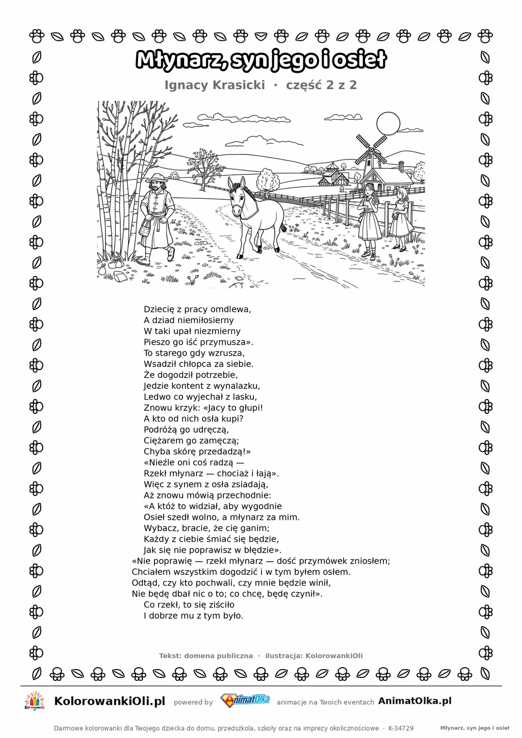 Młynarz, syn jego i osieł (Ignacy Krasicki) — tekst wiersza i ilustracja do kolorowania (część 2 z 2), karta A4 do druku