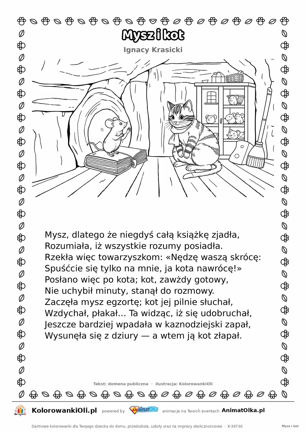 Mysz i kot (Ignacy Krasicki) — tekst wiersza i ilustracja do kolorowania, karta A4 do druku