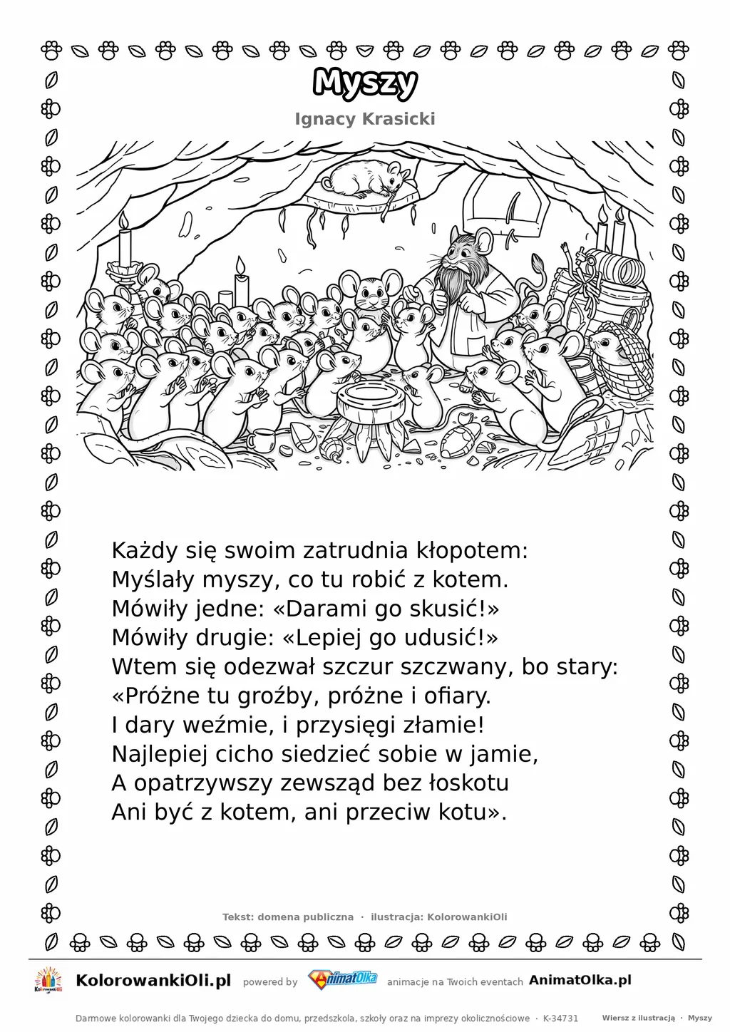 Myszy (Ignacy Krasicki) — tekst wiersza i ilustracja do kolorowania, karta A4 do druku