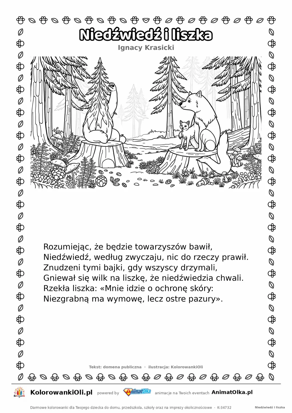 Niedźwiedź i liszka (Ignacy Krasicki) — tekst wiersza i ilustracja do kolorowania, karta A4 do druku