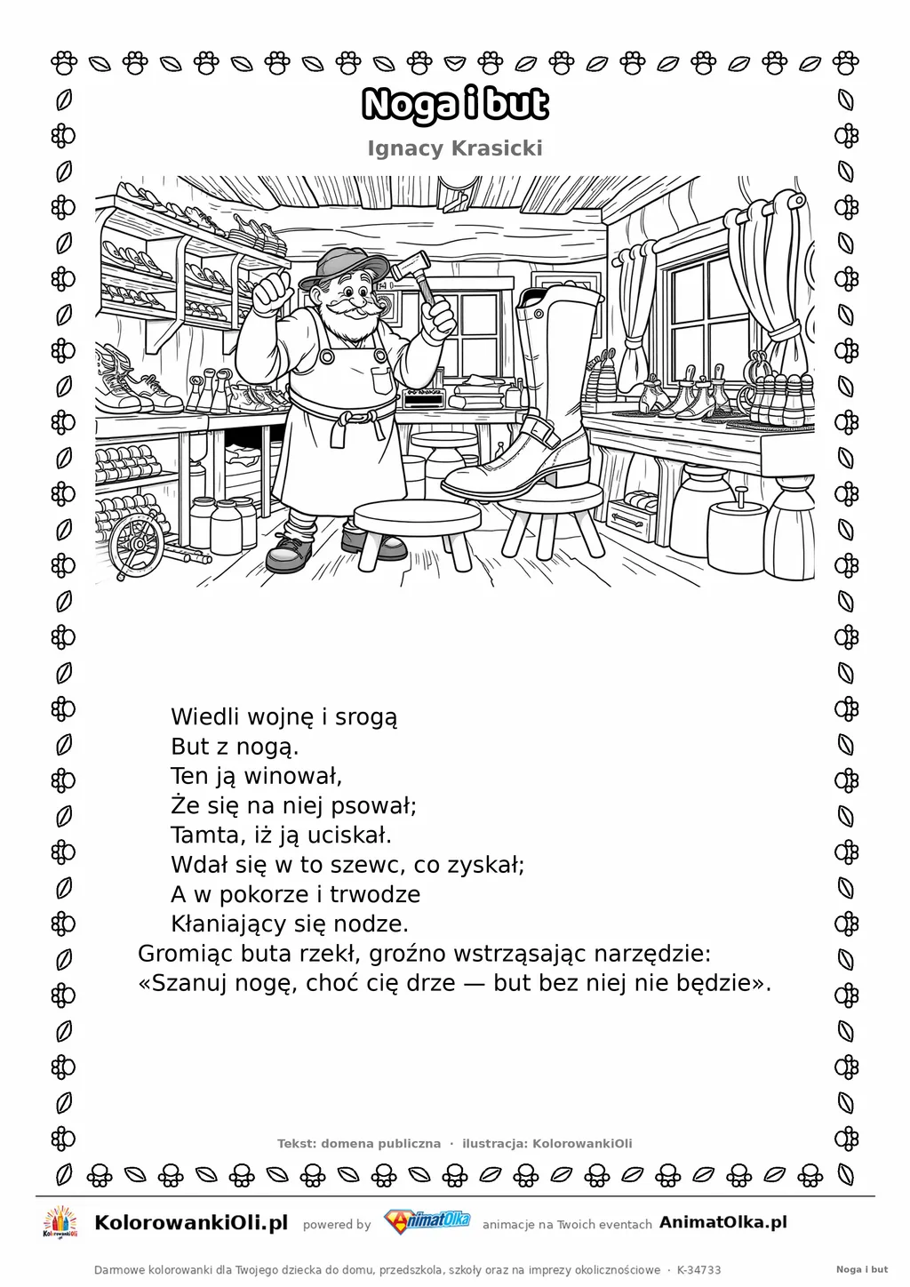Noga i but (Ignacy Krasicki) — tekst wiersza i ilustracja do kolorowania, karta A4 do druku
