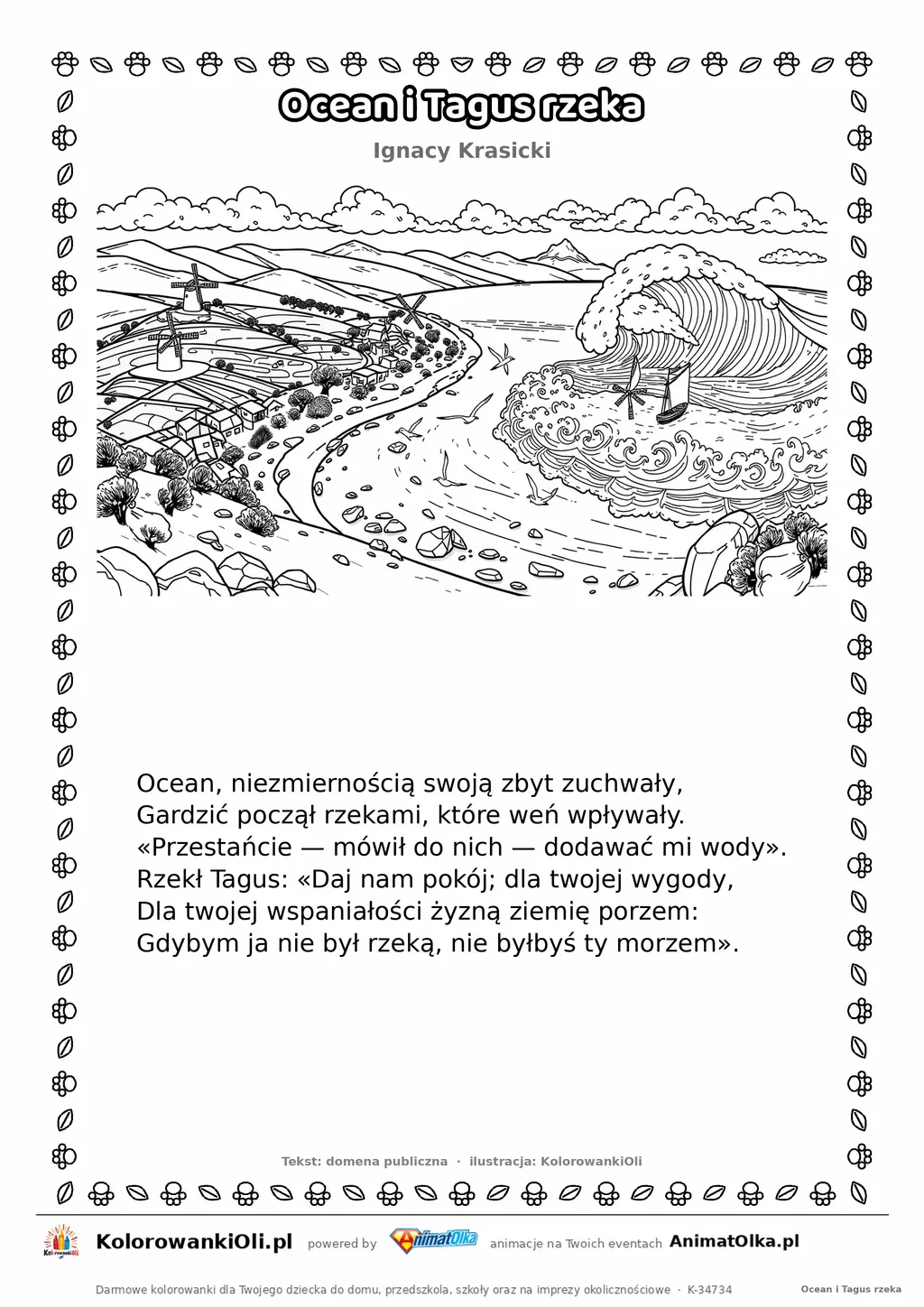 Ocean i Tagus rzeka (Ignacy Krasicki) — tekst wiersza i ilustracja do kolorowania, karta A4 do druku