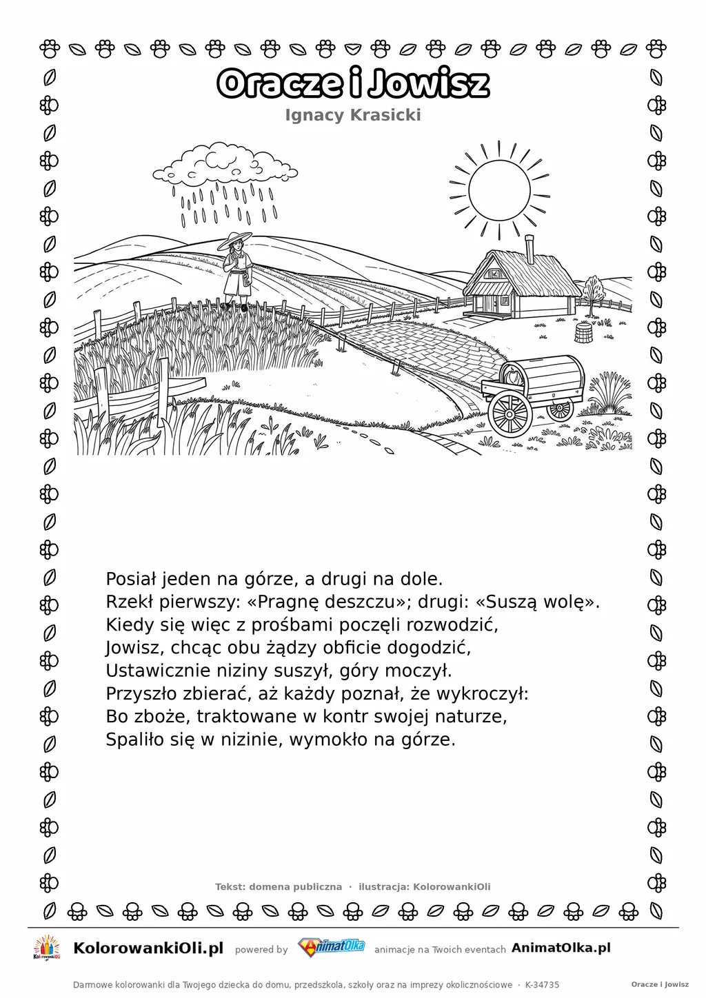 Oracze i Jowisz (Ignacy Krasicki) — tekst wiersza i ilustracja do kolorowania, karta A4 do druku