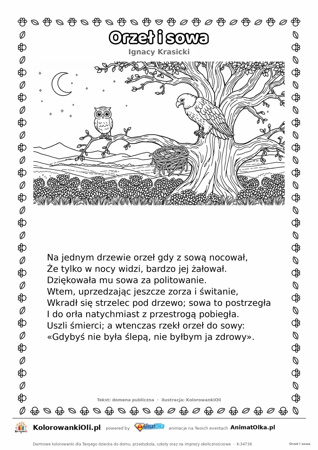 Orzeł i sowa (Ignacy Krasicki) — tekst wiersza i ilustracja do kolorowania, karta A4 do druku