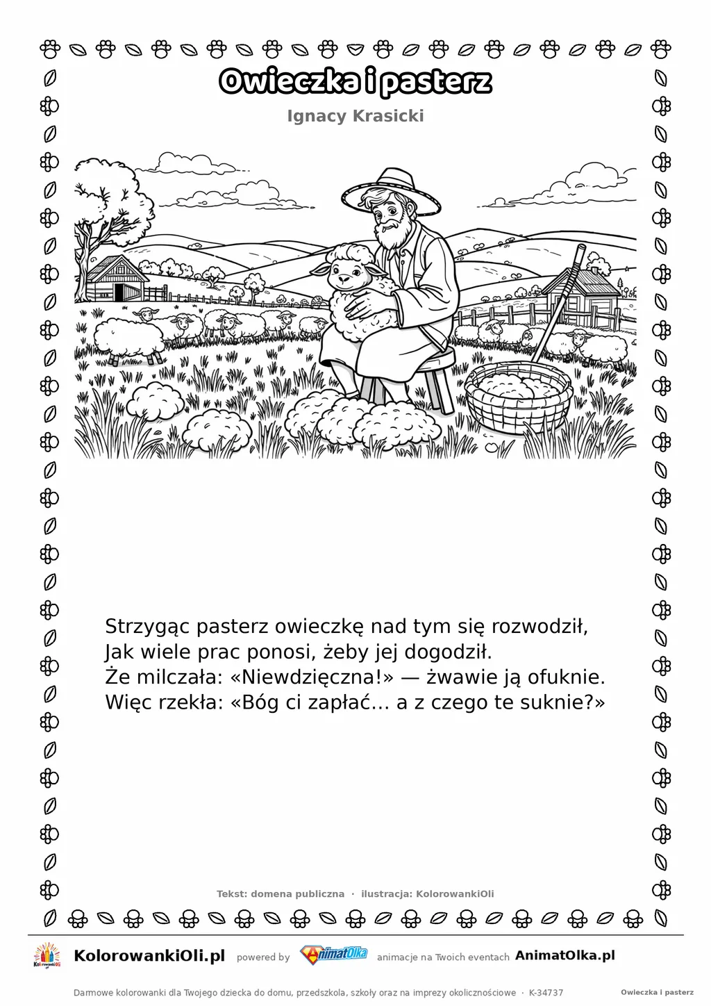 Owieczka i pasterz (Ignacy Krasicki) — tekst wiersza i ilustracja do kolorowania, karta A4 do druku